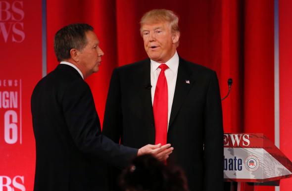 John Kasich and Donald Trump at a Republican presidential debeate in Greenville South Carolina on Feb. 13 2016. Jonathan Ernst  Reuters