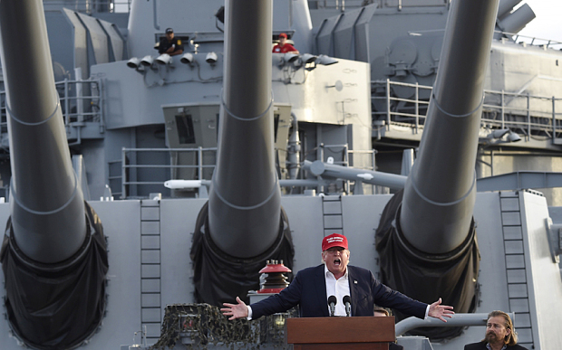 Mr Trump gives a national security speech aboard the USS Iowa in San Pedro California last year