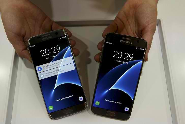 New Samsung Galaxy S7 and Galaxy S7 Edge smartphones are displayed after their unveiling ceremony at the Mobile World Congress in Barcelona Spain