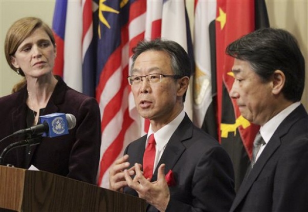 South Korean ambassador to the United Nations Oh Joon right United States ambassador to the U.N. Samantha Power left and Japanese ambassador to the U.N. Motohide Yoshikawa speak to members of the media after a Security Council meeting at United Nation