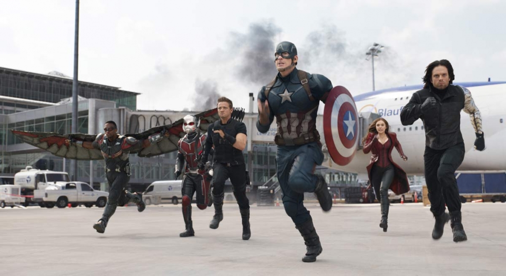 In this image released by Disney Anthony Mackie from left Paul Rudd Jeremy Renner Chris Evans Elizabeth Olsen and Sebastian Stan appear in a scene from'Captain America Civil War