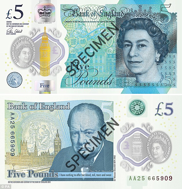 The new £5 note featuring Sir Winston Churchill is so strong it can survive ‘a splash of claret a flick of cigar ash and the nip of a bulldog’ Bank of England Governor Mark Carney declared yesterday