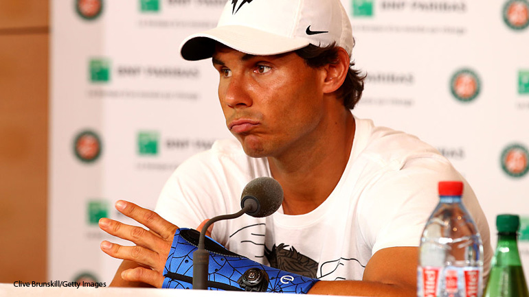 PARIS FRANCE- MAY 27 Rafael Nadal of Spain announces during a press conference that he is withdrawing from the tournament due to a wrist injury on day six of the 2016 French Open at Roland Garros