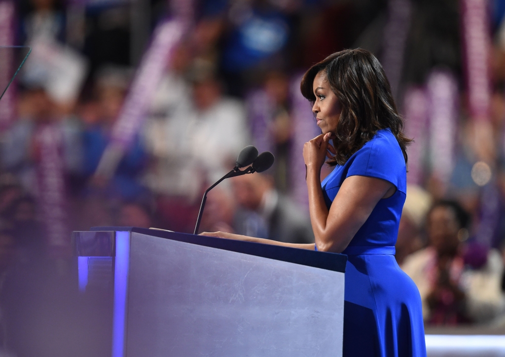 US First Lady Michelle Obama addresses delegates on Day 1 of the Democratic National Convention at the Wells Fargo Center in Philadelphia Pennsylvania