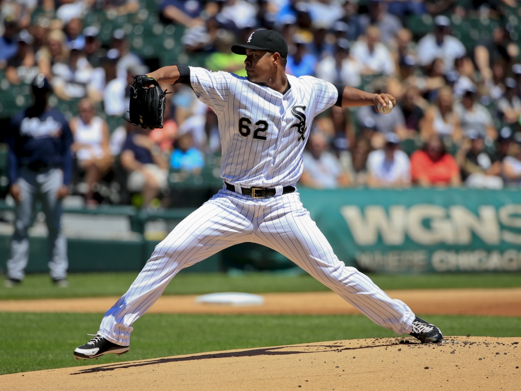 Chicago White Sox starter Jose Quintana delivers a pitch during the first inning of a baseball game against the Atlanta Braves Saturday