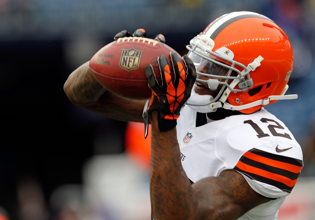 Josh Gordon #12 of the Cleveland Browns catches a pass before a game with the New England Patriots at Gillette Stadium