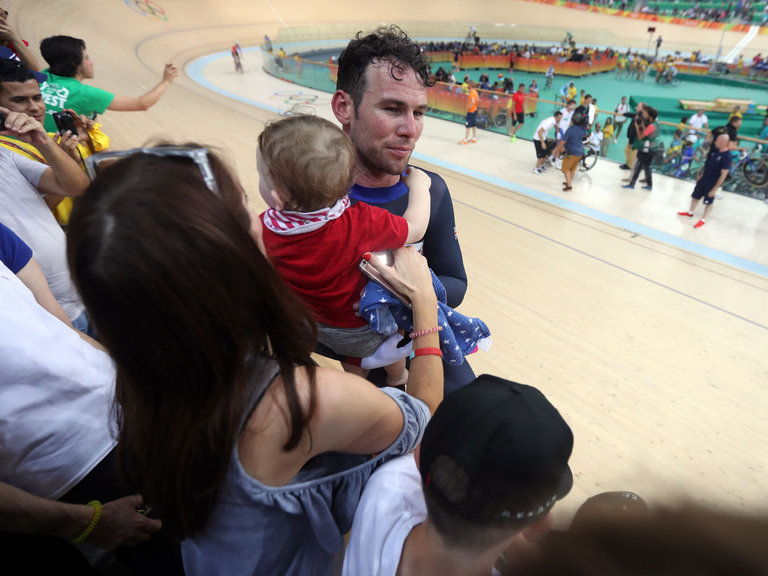 Mark Cavendish with his wife Peta and children following the men's omnium