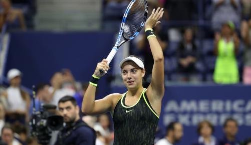 Ana Konjuh salutes the crowd after her match against Agnieszka Radwanska