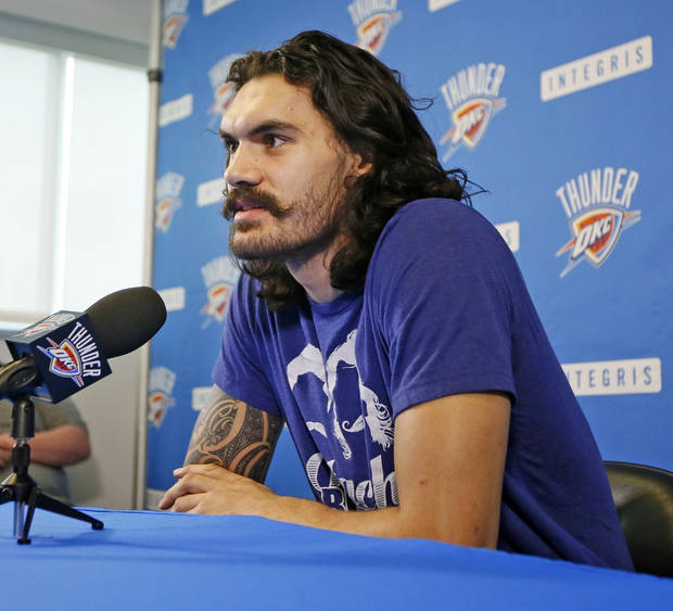 Oklahoma City's Steven Adams speaks to the press during exit interviews for the Oklahoma City Thunder at the team's practice facility in Oklahoma City Wednesday