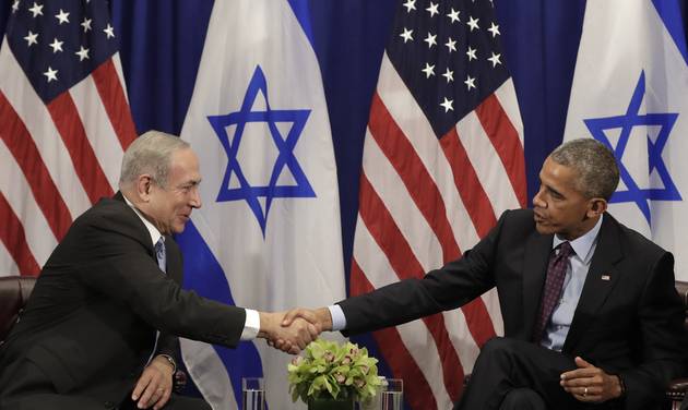 President Barack Obama shakes hands with Israeli Prime Minister Benjamin Netanyahu during a bilateral meeting at the Lotte New York Palace Hotel in New York Wednesday Sept. 21 2016