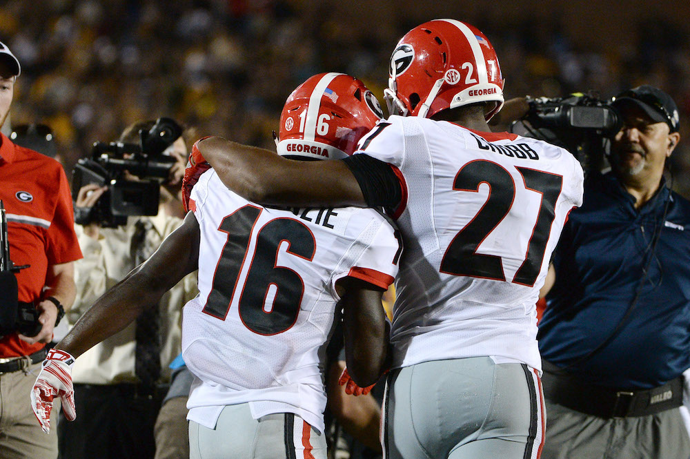 Sep 17 2016 Columbia MO USA Georgia Bulldogs wide receiver Isaiah Mc Kenzie celebrates with running back Nick Chubb after scoring a touchdown against the Missouri Tigers in the first half at Faurot Field. Mandatory Credit John Rieger-USA TO