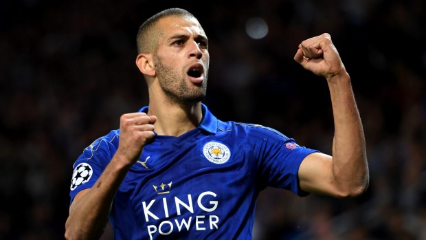 SHAUN BOTTERILL  GETTY IMAGES 
 
   Islam Slimani celebrates after scoring during the UEFA Champions League Group G match between Leicester City and Porto