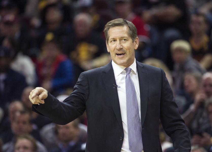 New York Knicks head coach Jeff Hornacek directs his team against the Cleveland Cavaliers during the first half of an NBA basketball game in Cleveland Tuesday Oct. 25 2016