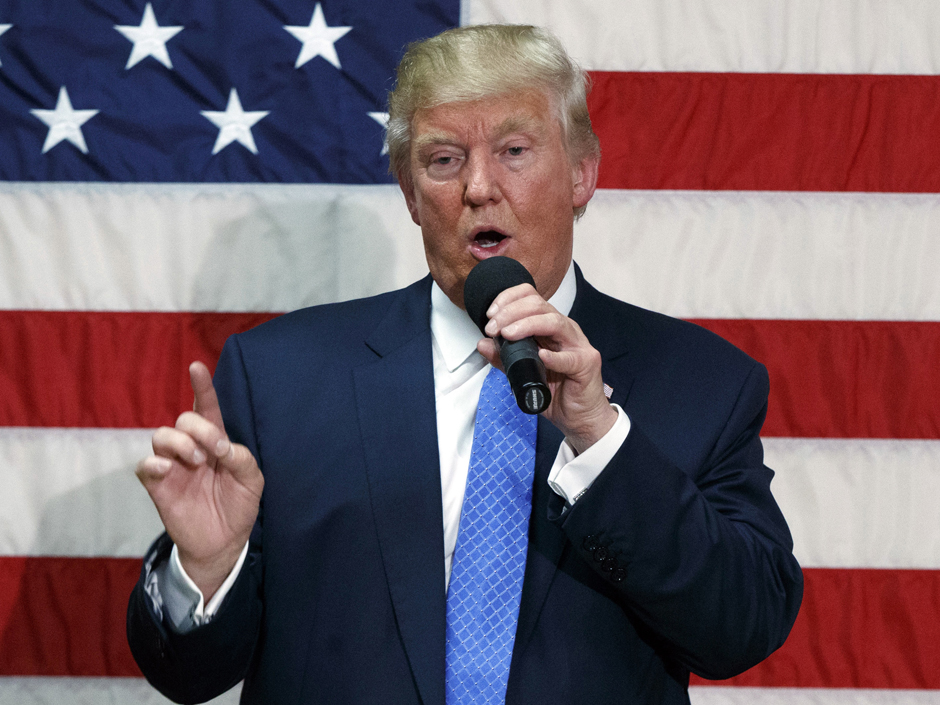 Republican presidential candidate Donald Trump speaks during a town hall in Sandown N.H