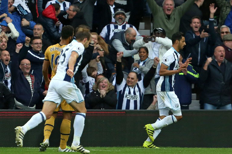 West Bromwich Albion's Belgian midfielder Nacer Chadli celebrates after scoring the opening goal