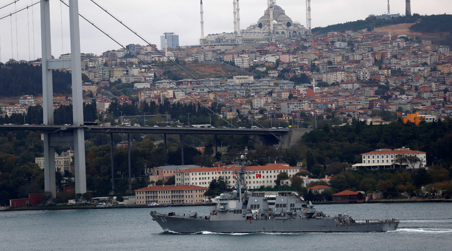 The U.S. Navy destroyer USS Carney sets sail in the Bosphorus on its way to the Black Sea in Istanbul Turkey