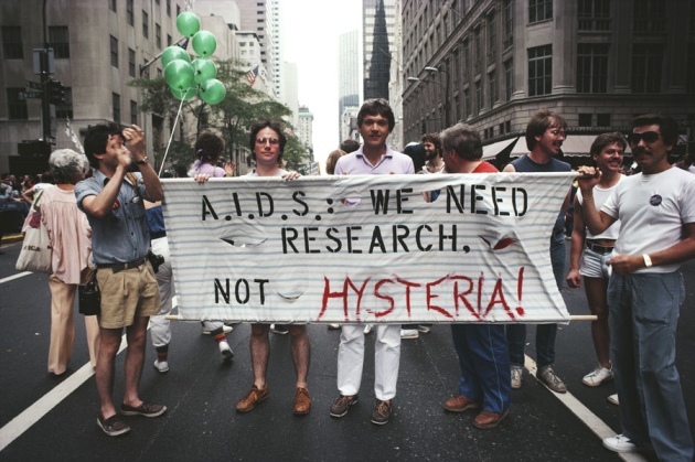 Barbara Alper  Getty Images	Participants in a 1983 Gay Pride parade in New York City protest against panic over AIDS