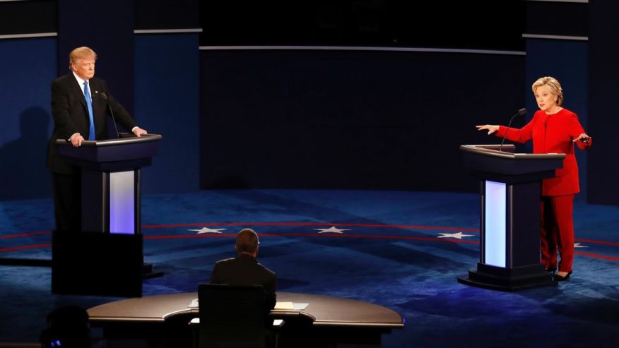 Democratic presidential nominee Hillary Clinton gestures as she appears on stage with Republican presidential nominee Donald Trump during the presidential debate at Hofstra University in Hempstead N.Y. Monday Sept. 26 2016