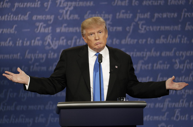 Republican presidential nominee Donald Trump speaks during the presidential debate with Democratic preside