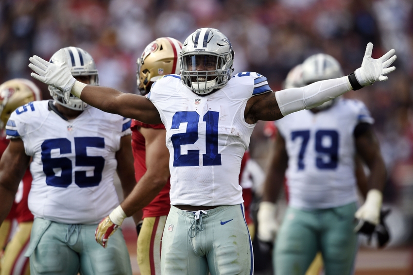 Oct 2 2016 Santa Clara CA USA Dallas Cowboys running back Ezekiel Elliott celebrates after making a first down conversion during the fourth quarter against the San Francisco 49ers at Levi