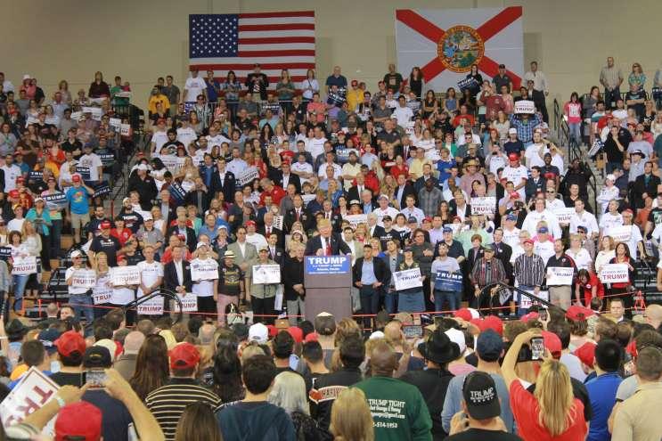 Donald Trump addresses thousands of supporters at a rally in Orlando in March