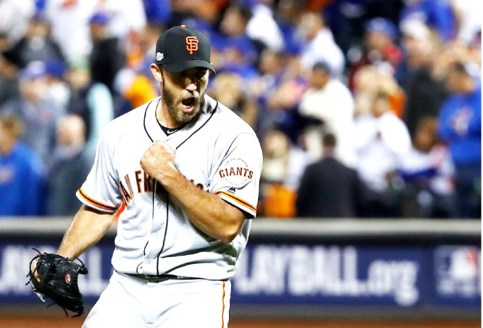 Madison Bumgarner of the San Francisco Giants celebrates their 3-0 win over the New York Mets during their National League Wild Card game at Citi Field in New York City Wednesday. — AFP