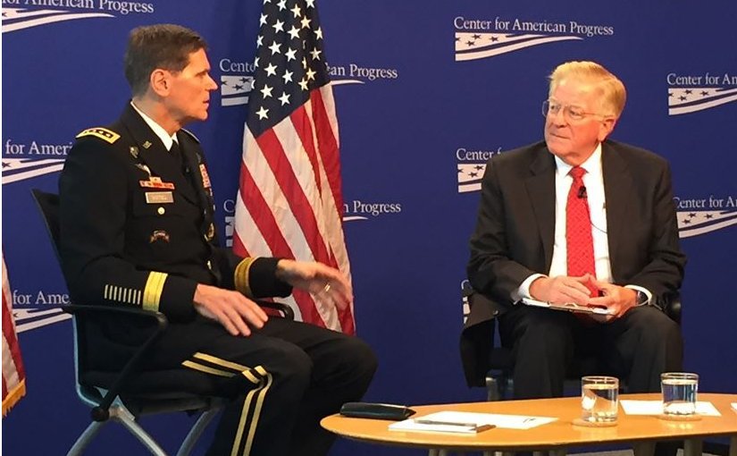 Army Gen. Joseph L. Votel commander of U.S. Central Command discusses the strategy to counter the Islamic State of Iraq and the Levant and other regional issues with former Deputy Defense Secretary Rudy De Leon at the Center for American Progress in Wash