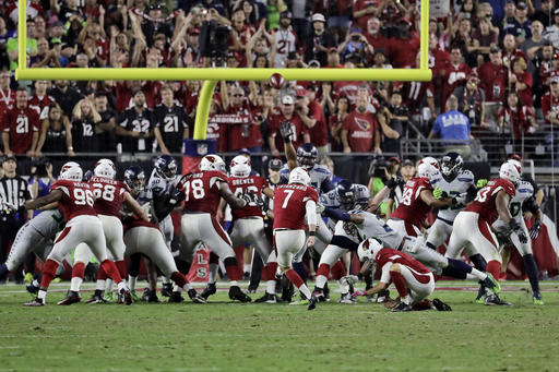 Arizona Cardinals kicker Chandler Catanzaro misses a game-winning field goal attempt agasint Seattle Seahawks during overtime of an NFL football game Sunday Oct. 23 2016 in Glendale Ariz