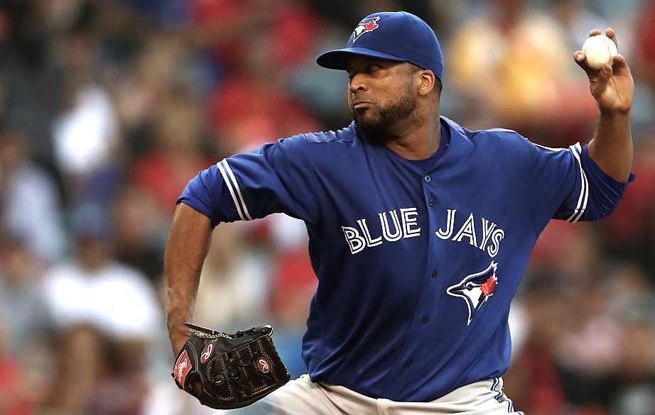 ANAHEIM CA- SEPTEMBER 17 Francisco Liriano #45 of the Toronto Blue Jays pitches during the first inning of a game against the Los Angeles Angels of Anaheim at Angel Stadium of Anaheim