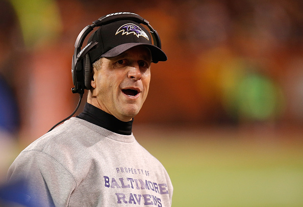 CLEVELAND OH- NOVEMBER 30 Head coach John Harbaugh of the Baltimore Ravens looks on during the first quarter against the Cleveland Browns at First Energy Stadium