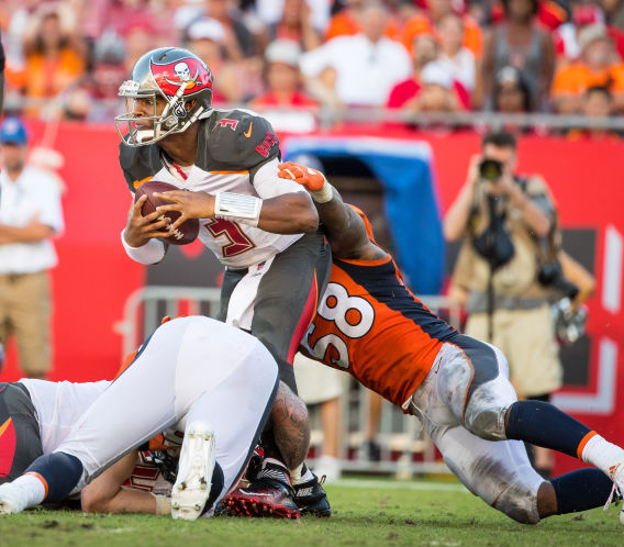 Tampa Bay Buccaneers quarterback Jameis Winston is sacked by Denver Broncos outside linebacker Von Miller during the second half