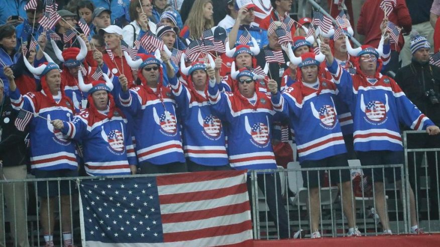 Fans wait for the start of the foresomes matches at the Ryder Cup golf tournament Friday Sept. 30 2016 at Hazeltine National Golf Club in Chaska Minn