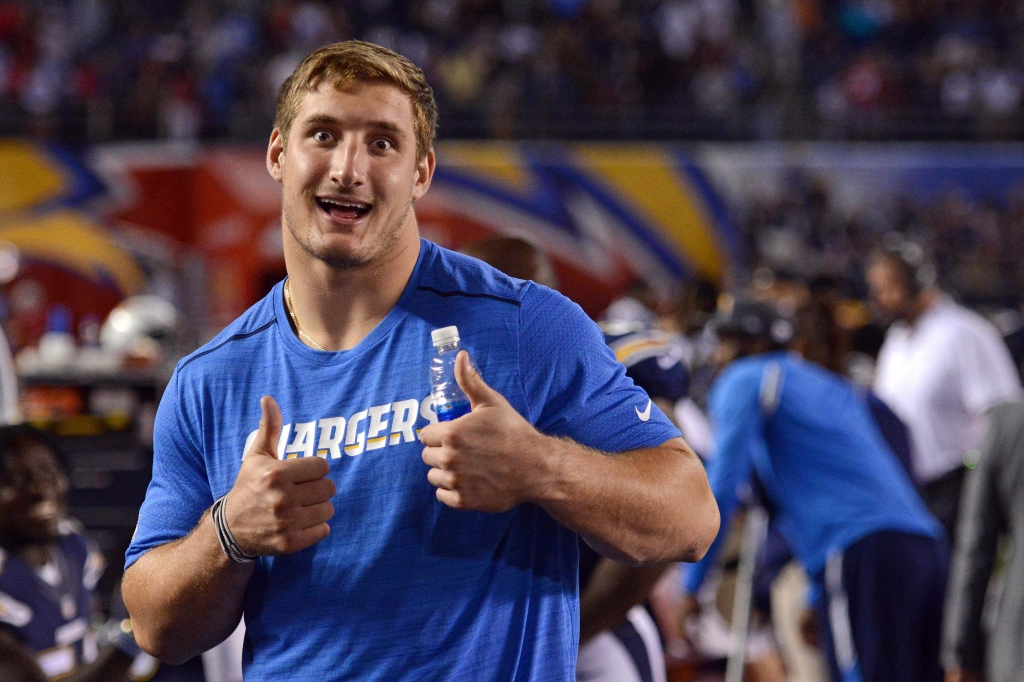 Sep 1 2016 San Diego CA USA San Diego Chargers defensive lineman Joey Bosa reacts during the fourth quarter against the San Francisco 49ers at Qualcomm Stadium. Mandatory Credit Jake Roth-USA TODAY Sports