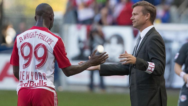 Oct 16 2016 Harrison NJ USA New York Red Bulls head coach Jesse Marsch greats forward Bradley Wright Phillips during the 2nd half against the Columbus Crew at Red Bull Arena. The Red Bulls won 3-2. Mandatory Credit Vincent Carchietta-USA TODAY