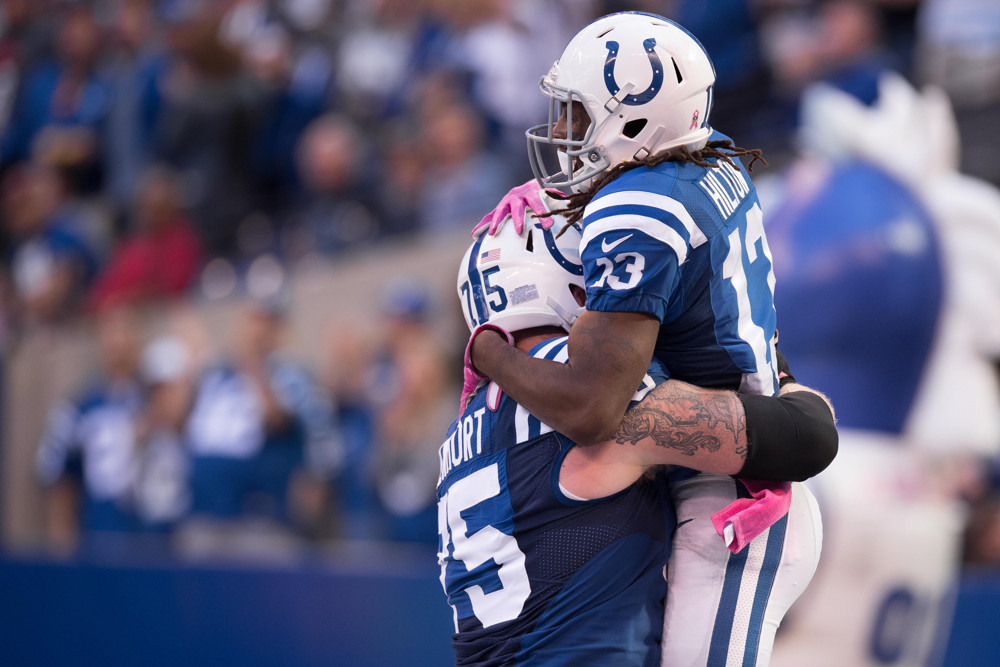 Indianapolis Colts tackle Jack Mewhort and Indianapolis Colts wide receiver T.Y. Hilton celebrate a go ahed touchdown during the NFL game between the Chicago Bears and Indianapolis Colts at Lucas Oil Stadium in Indianapolis IN