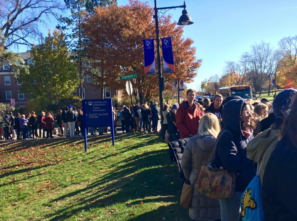 Part of a long and growing line outside the Whittemore Arena at the University of New Hampshire in Durham where President Obama will hold a get-out-the-vote rally later today