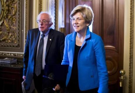 Sen. Bernie Sanders I-Vt. and Sen. Elizabeth Warren D-Mass. left a policy luncheon in May 2015