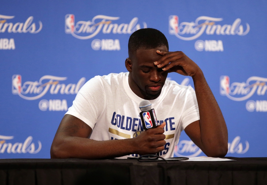 Oakland CA USA Golden State Warriors forward Draymond Green reacts while speaking to media following the 93-89 loss against the Cleveland Cavaliers in game seven of the NBA Finals at Oracle Arena. Mandatory Credit Kelley L Cox-USA