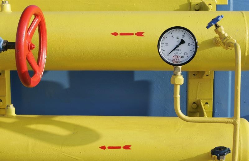 A pipe and pressure gauge are seen at a Ukrainian gas compressor station and storage facility in the village of Mryn about 130 km northeast of Kiev