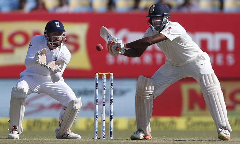 Indian batsman Ravichandran Ashwin bats on the fourth day of the first cricket test match between India and England in Rajkot India on Saturday