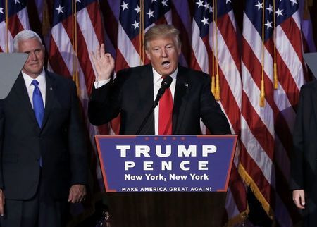 U.S. President-elect Donald Trump and his running mate Mike Pence address their election night rally in Manhattan