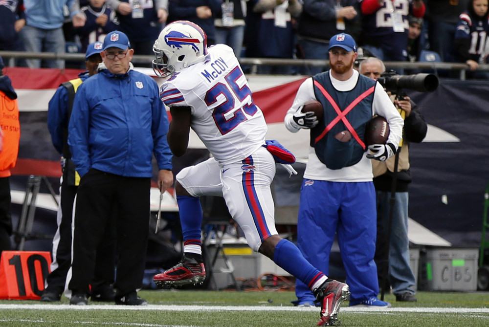 02 October 2016 Buffalo Bills running back Le Sean McCoy takes off on a run. The Buffalo Bills defeated the New England Patriots 16-0 in a regular season NFL game at Gillette Stadium in Foxborough Massachusetts