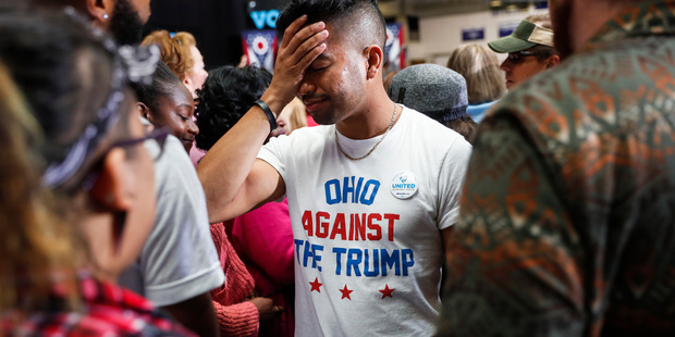 Campaign volunteer Greg Genco as he waits for President Barack Obama to arrive at a campaign event for Democratic presidential candidate Hillary Clinton in Columbus Ohio