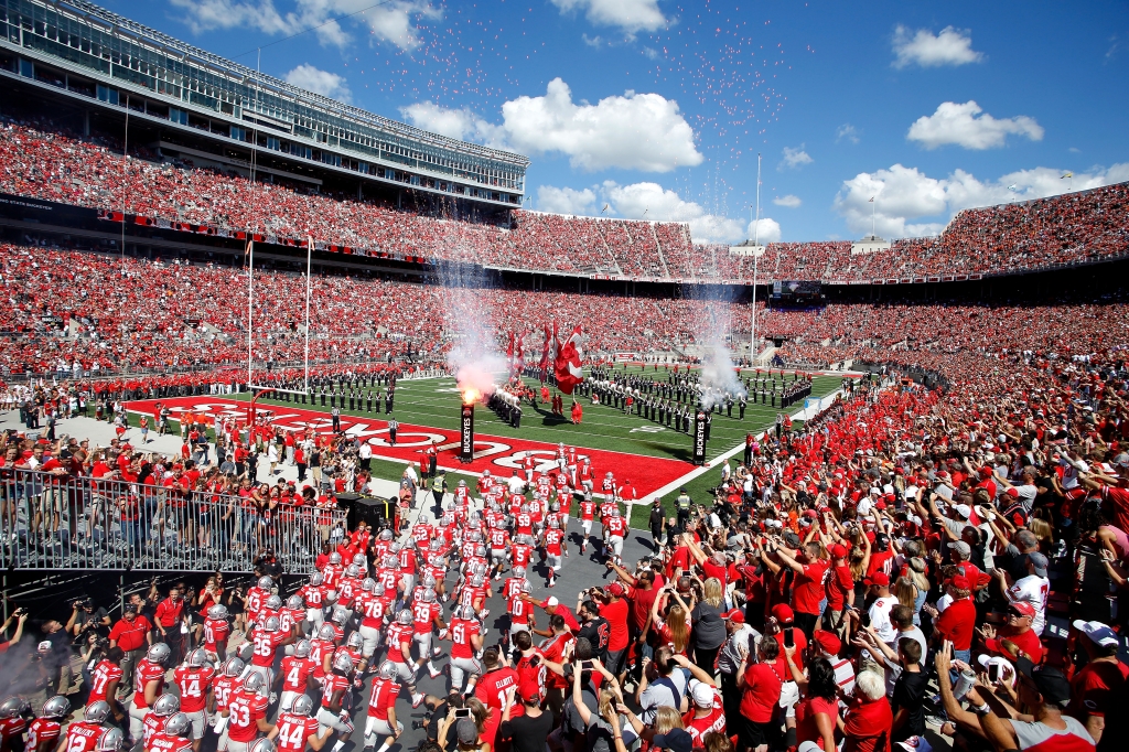 COLUMBUS OH- SEPTEMBER 3 The Ohio State Buckeyes run on to the field prior to the start of the game against the Bowling Green Falcons