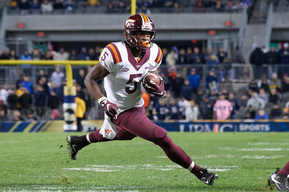 PITTSBURGH PA- OCTOBER 27 Virginia Tech Hokies wide receiver Cam Phillips runs the ball for an 8 yard gain in the third quarter during a NCAA football game between the Pittsburgh Panthers and the Virginia Tech Hokies