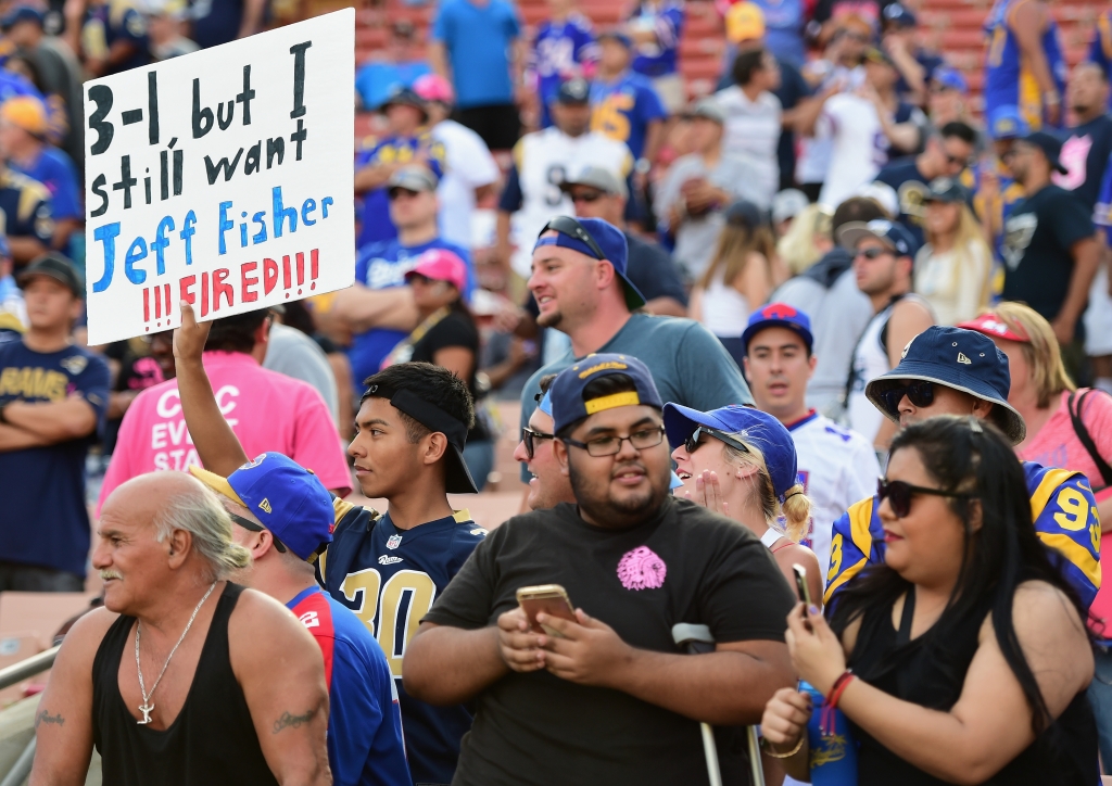 LOS ANGELES CA- OCTOBER 09 Los Angeles Rams fans hold a sign after the game against the Buffalo Bills at the Los Angeles Memorial Coliseum