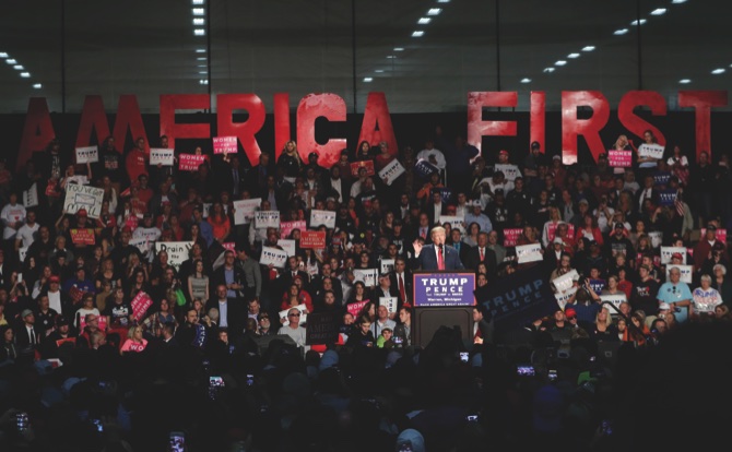 Republican presidential candidate Donald Trump speaks at the Macomb Community College on Monday in Warren