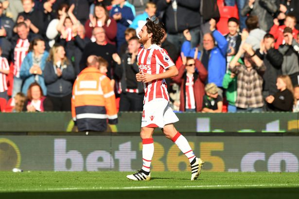 Stoke City's Joe Allen celebrates scoring their first goal