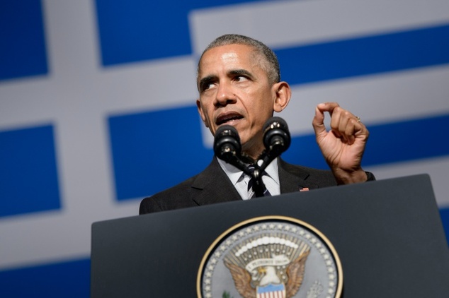 US President Barack Obama delivers a speech in Athens