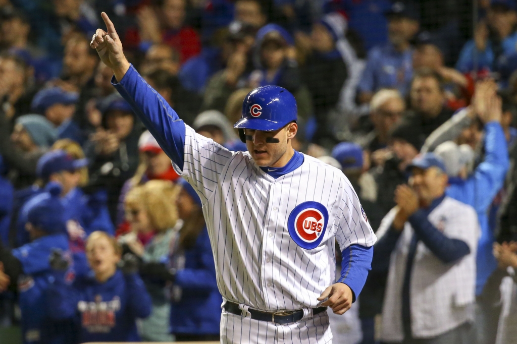 Oct 30 2016 Chicago IL USA Chicago Cubs first baseman Anthony Rizzo celebrates after scoring on a RBI-single by shortstop Addison Russell against the Cleveland Indians during the fourth inning in game five of the 2016 World Series